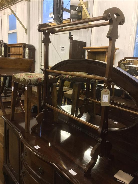 Victorian mahogany towel rail stand & a square upholstered stool